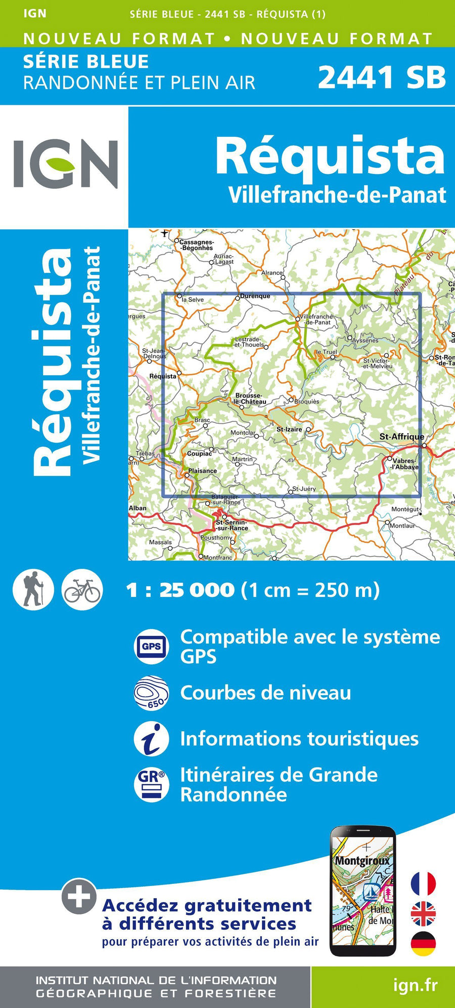 Carte de randonnée n° 2441 - Réquista, Villefranche-de-Panat | IGN - Série Bleue carte pliée IGN 