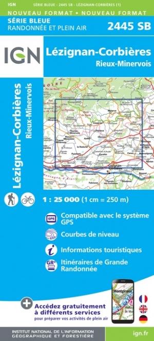 Carte de randonnée n° 2445 - Lézignan-Corbières, Rieux-Minervois | IGN - Série Bleue carte pliée IGN 