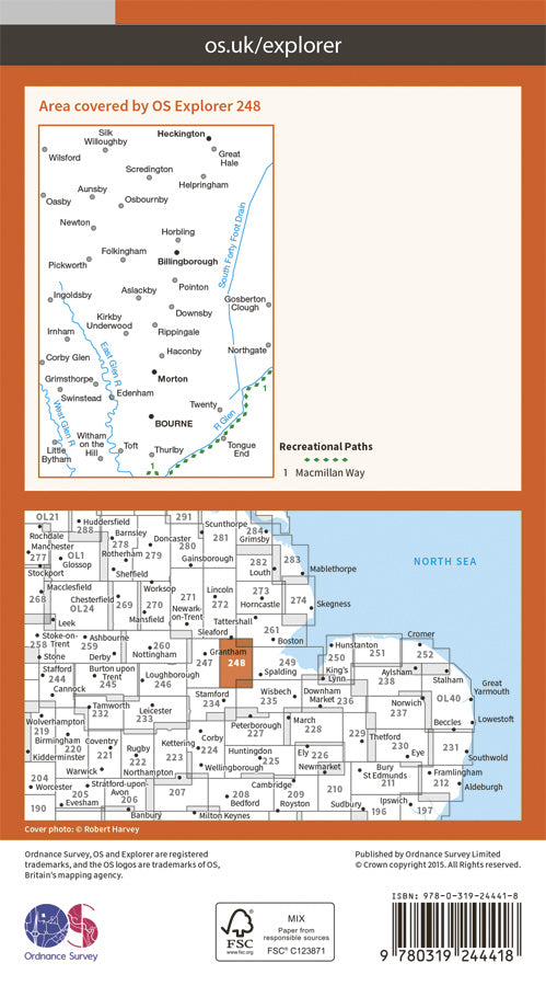 Carte de randonnée n° 248 - Bourne, Heckington (Grande Bretagne) | Ordnance Survey - Explorer carte pliée Ordnance Survey Papier 