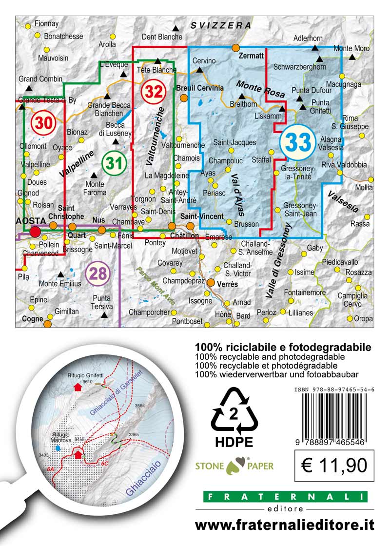 Carte de randonnée n° 25-33 - Monte Rosa, Upper Gressoney Valley, Upper Val d'Ayas | Fraternali - 1/25 000 carte pliée Fraternali 