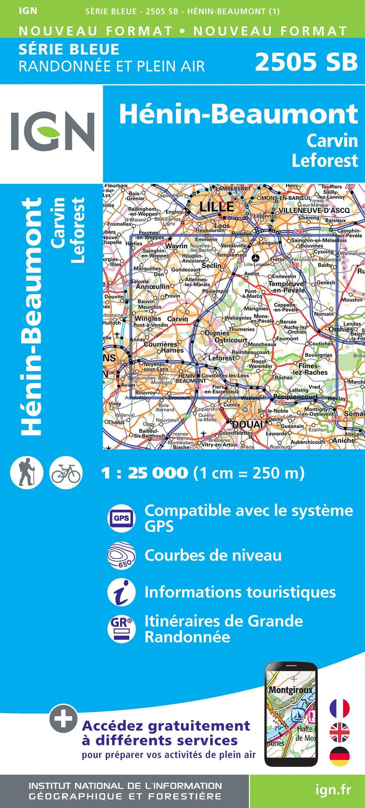 Carte de randonnée n° 2505 - Hénin-Beaumont, Carvin, Leforest | IGN - Série Bleue carte pliée IGN 