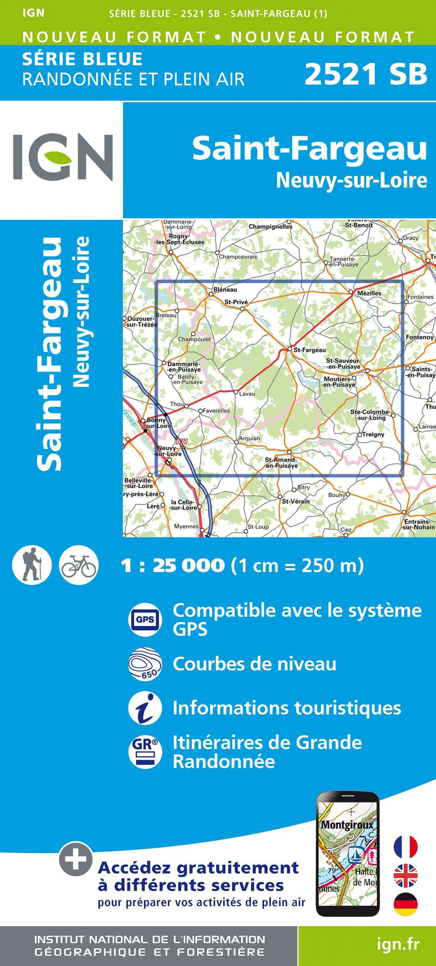 Carte de randonnée n° 2521 - Saint-Fargeau, Neuvy-sur-Loire | IGN - Série Bleue carte pliée IGN 