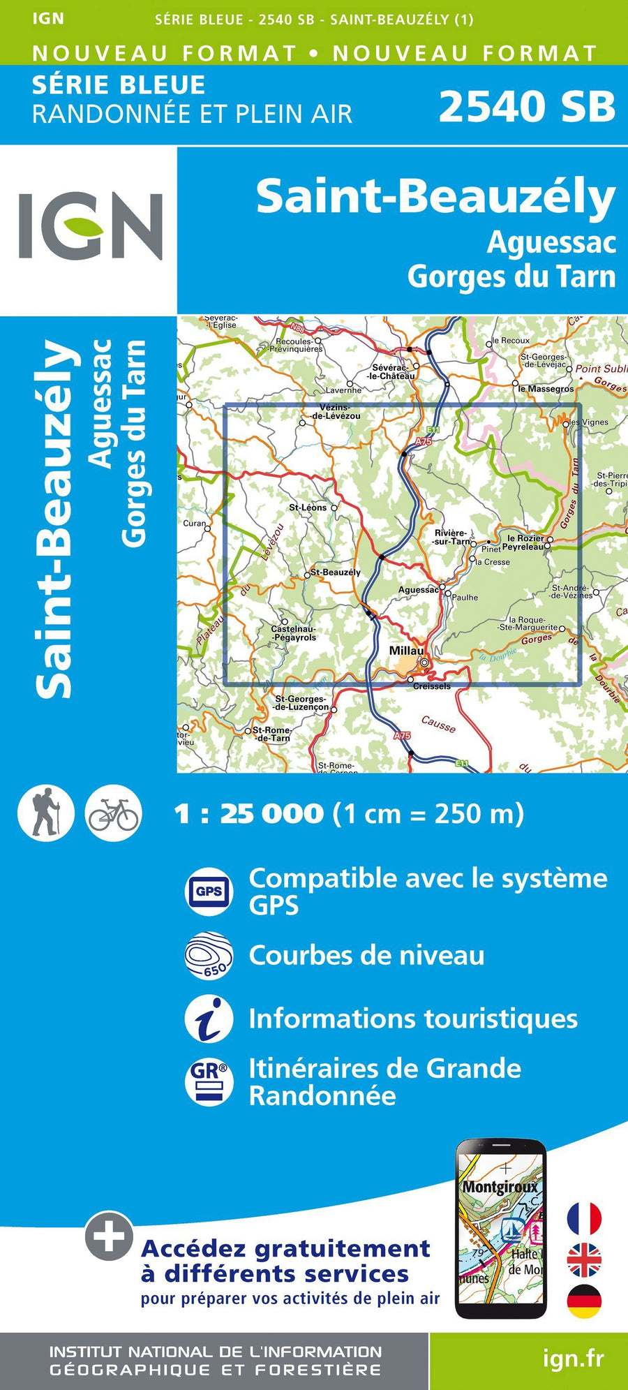 Carte de randonnée n° 2540 - Saint-Beauzély, Aguessac, Gorges du Tarn | IGN - Série Bleue carte pliée IGN 