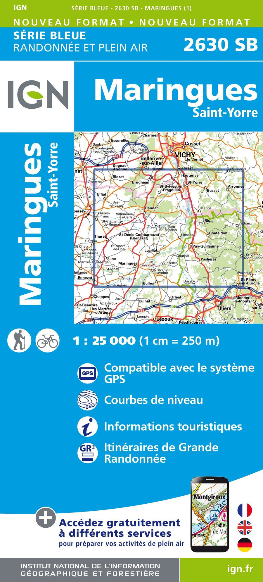 Carte de randonnée n° 2630 - Maringues, Saint-Yorre | IGN - Série Bleue carte pliée IGN 