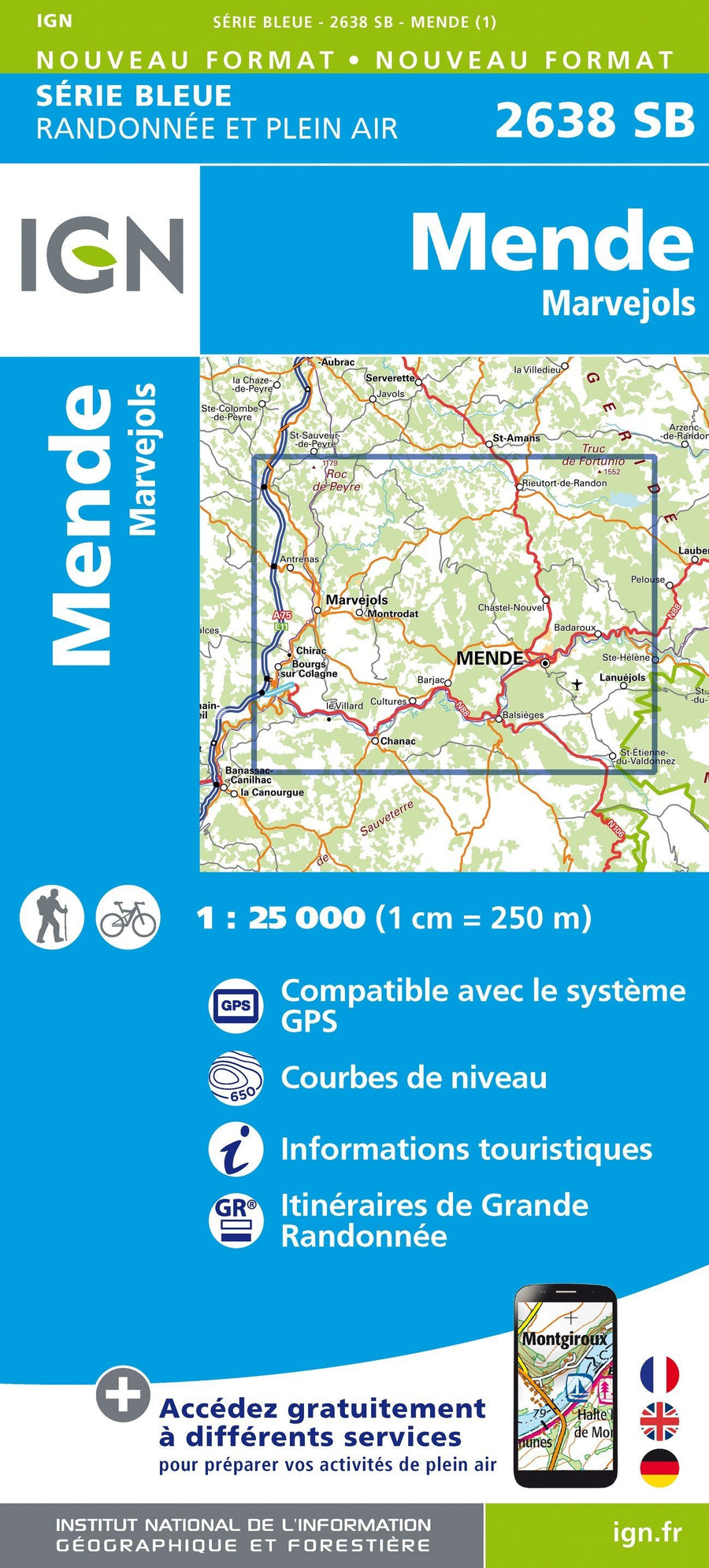 Carte de randonnée n° 2638 - Mende, Marvejols | IGN - Série Bleue carte pliée IGN 