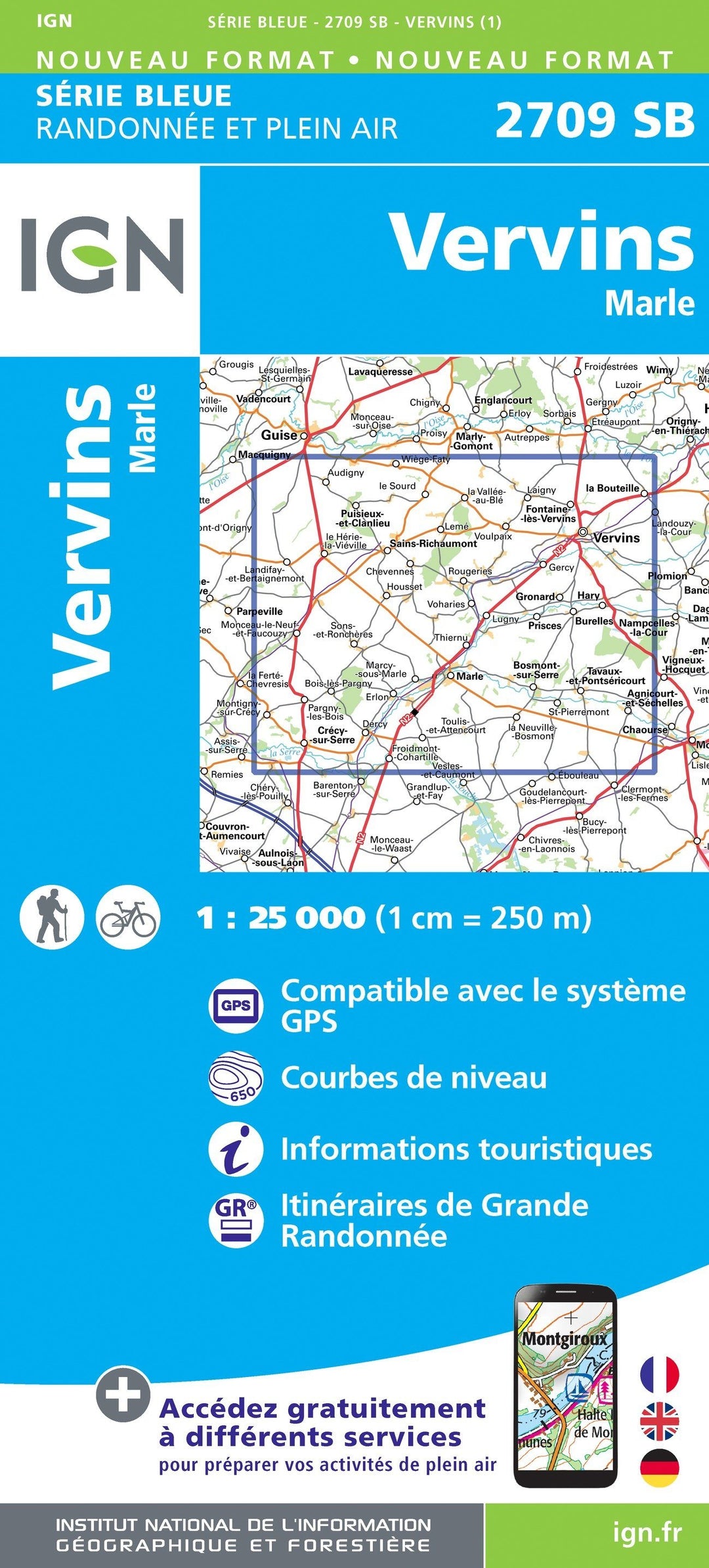 Carte de randonnée n° 2709 - Vervins, Marle | IGN - Série Bleue carte pliée IGN 