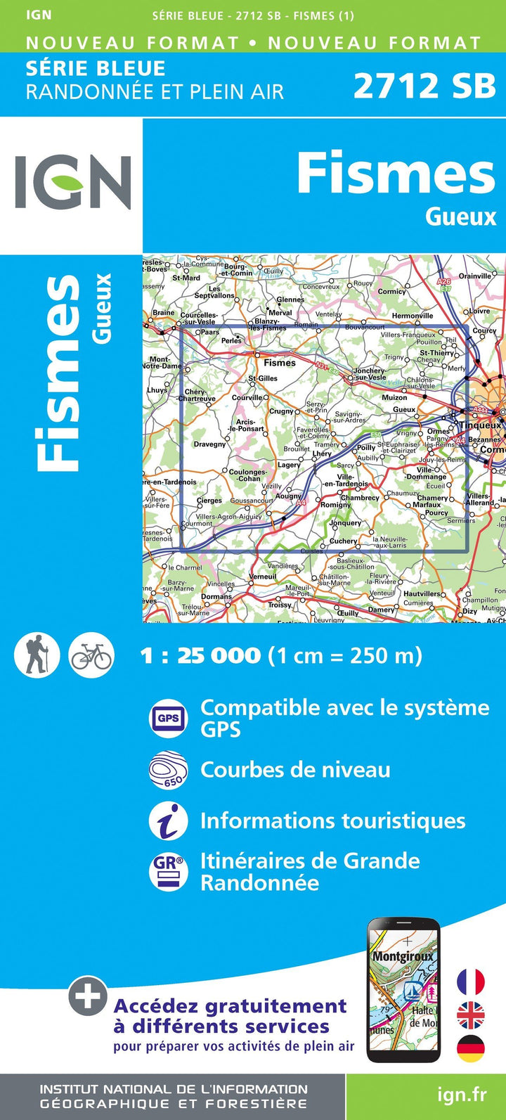 Carte de randonnée n° 2712 - Fismes, Gueux | IGN - Série Bleue carte pliée IGN 