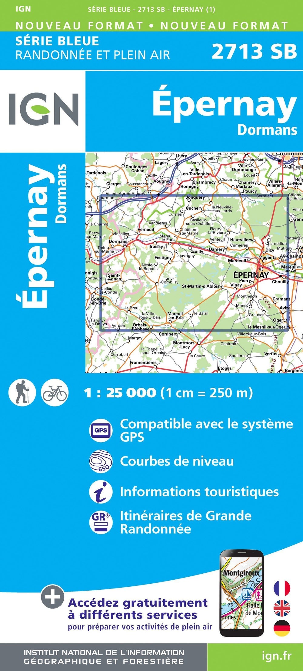 Carte de randonnée n° 2713 - Epernay, Dormans | IGN - Série Bleue carte pliée IGN 