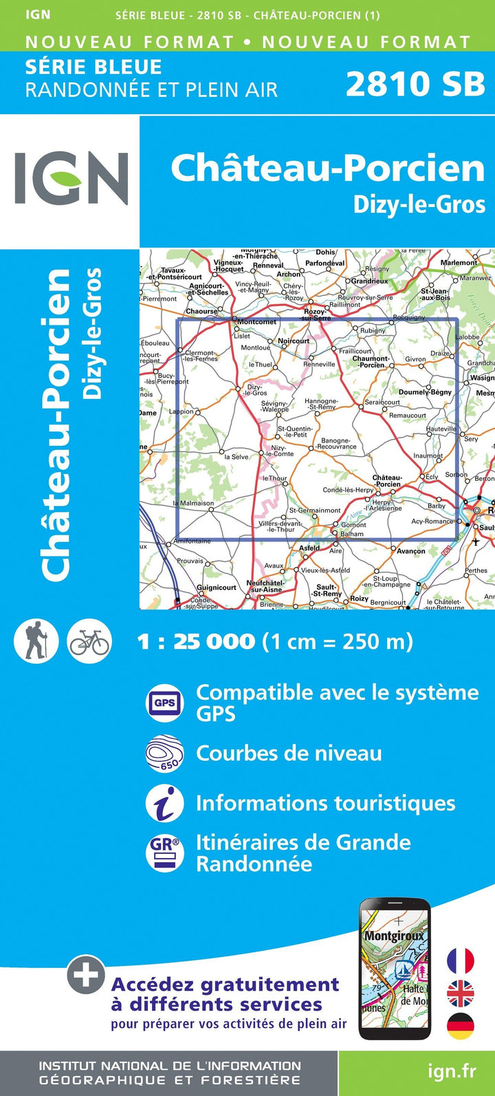 Carte de randonnée n° 2810 - Château-Porcien, Dizy-le-Gros | IGN - Série Bleue carte pliée IGN 
