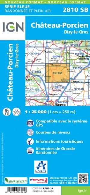 Carte de randonnée n° 2810 - Château-Porcien, Dizy-le-Gros | IGN - Série Bleue carte pliée IGN 
