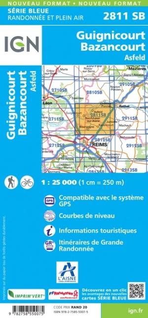 Carte de randonnée n° 2811 - Guignicourt, Bazancourt, Asfeld | IGN - Série Bleue carte pliée IGN 
