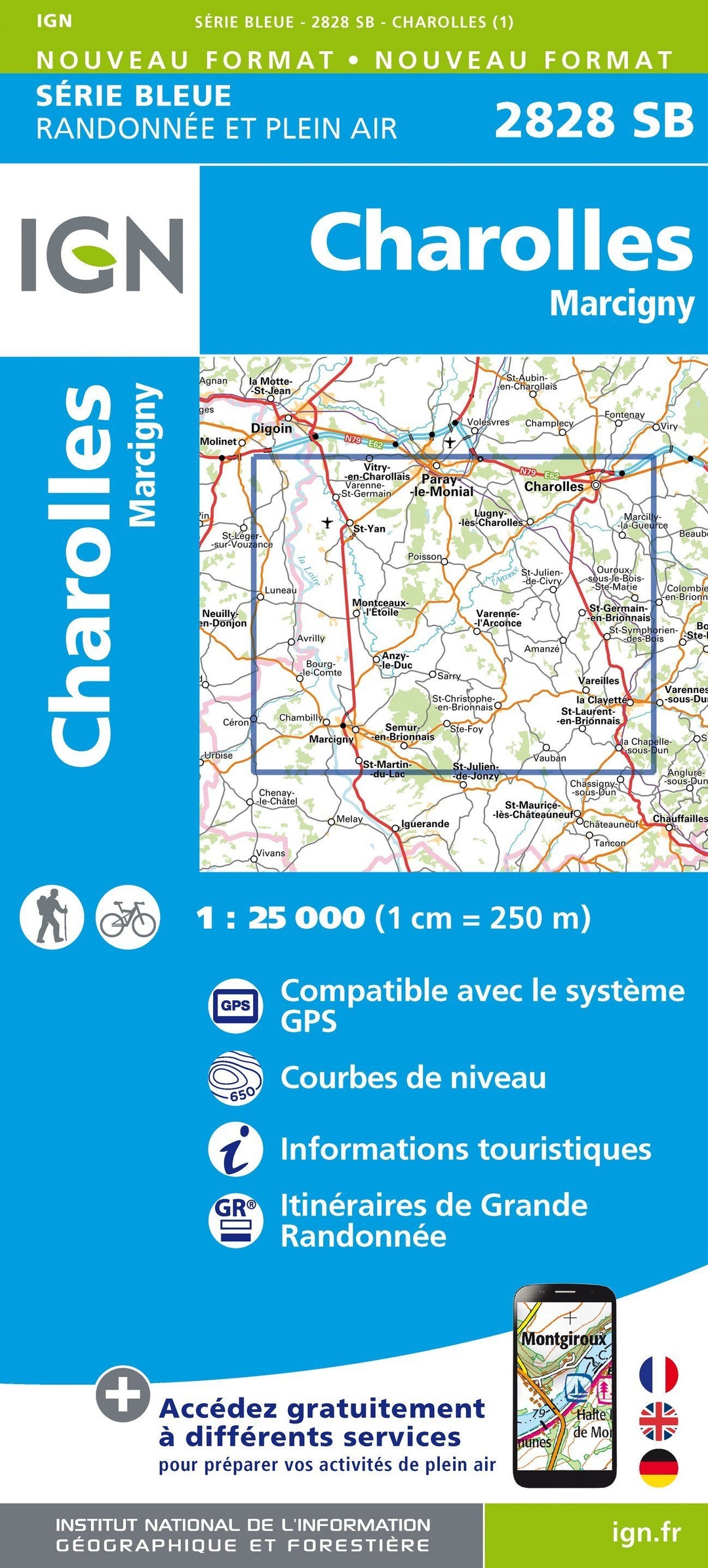 Carte de randonnée n° 2828 - Charolles, Marcigny | IGN - Série Bleue carte pliée IGN 