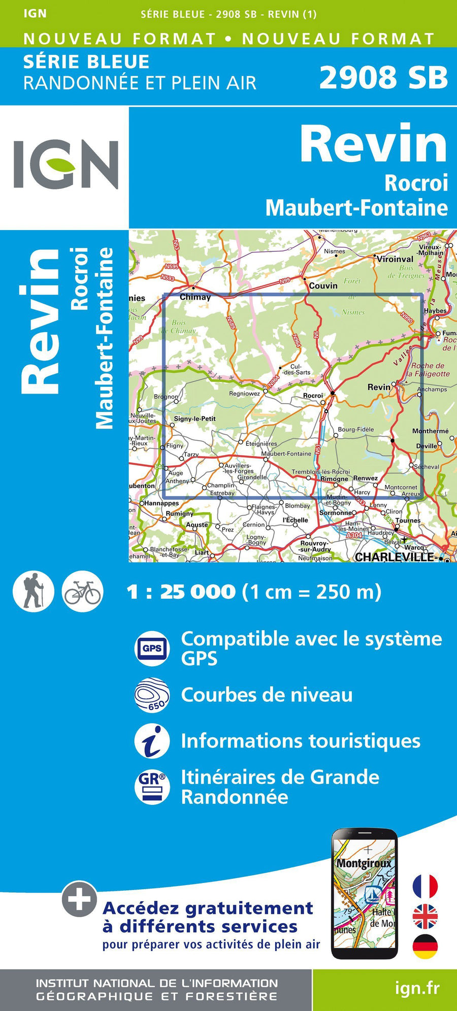 Carte de randonnée n° 2908 - Revin, Rocroi, Maubert-Fontaine | IGN - Série Bleue carte pliée IGN 