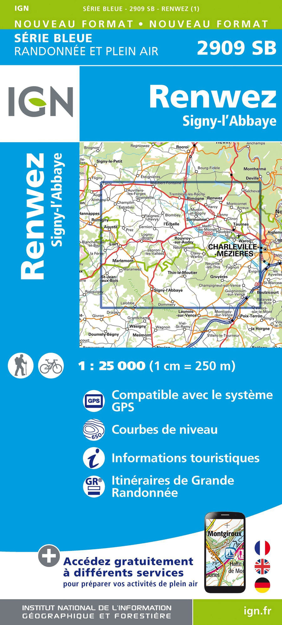 Carte de randonnée n° 2909 - Renwez, Signy-L'Abbaye | IGN - Série Bleue carte pliée IGN 