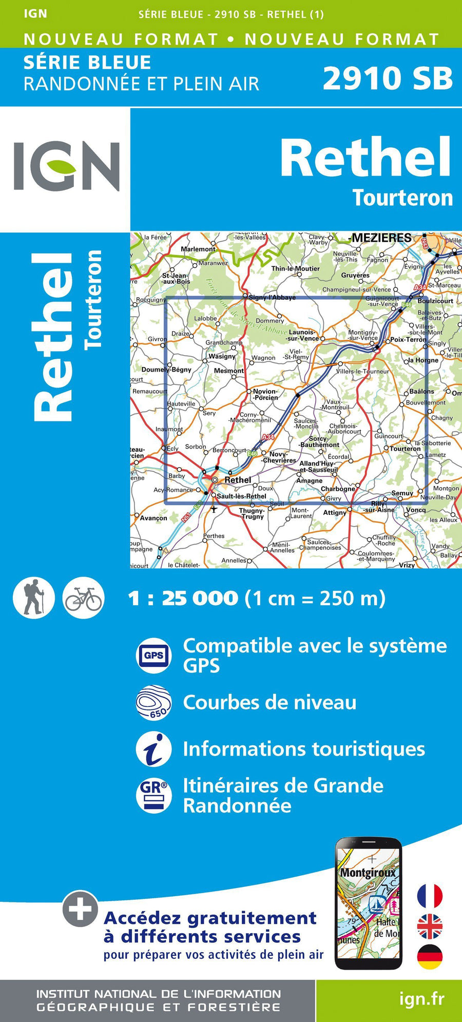 Carte de randonnée n° 2910 - Rethel, Tourteron | IGN - Série Bleue carte pliée IGN 