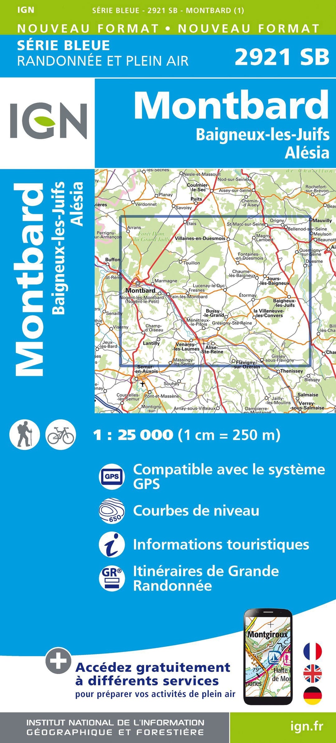 Carte de randonnée n° 2921 - Montbard, Baigneus-les-Juifs, Alésia | IGN - Série Bleue carte pliée IGN 