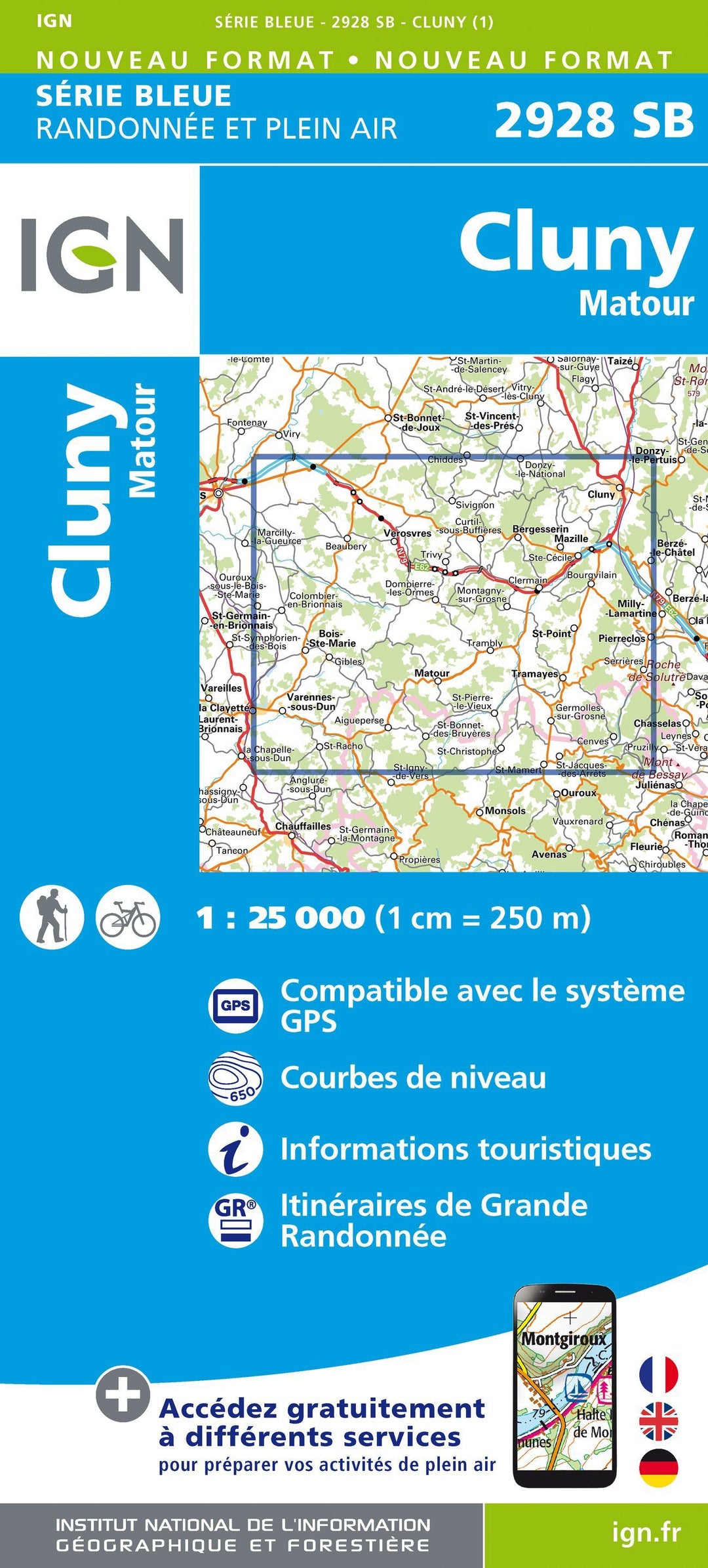 Carte de randonnée n° 2928 - Cluny, Matour | IGN - Série Bleue carte pliée IGN 