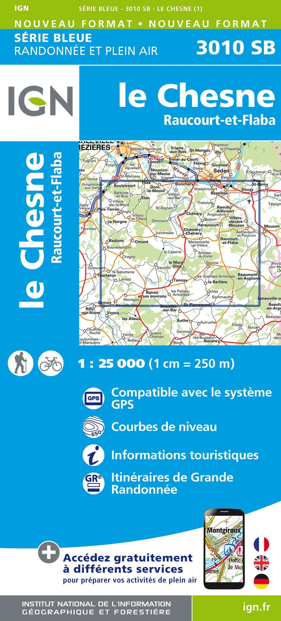Carte de randonnée n° 3010 - Le Chesne, Raucourt-et-Flaba | IGN - Série Bleue carte pliée IGN 