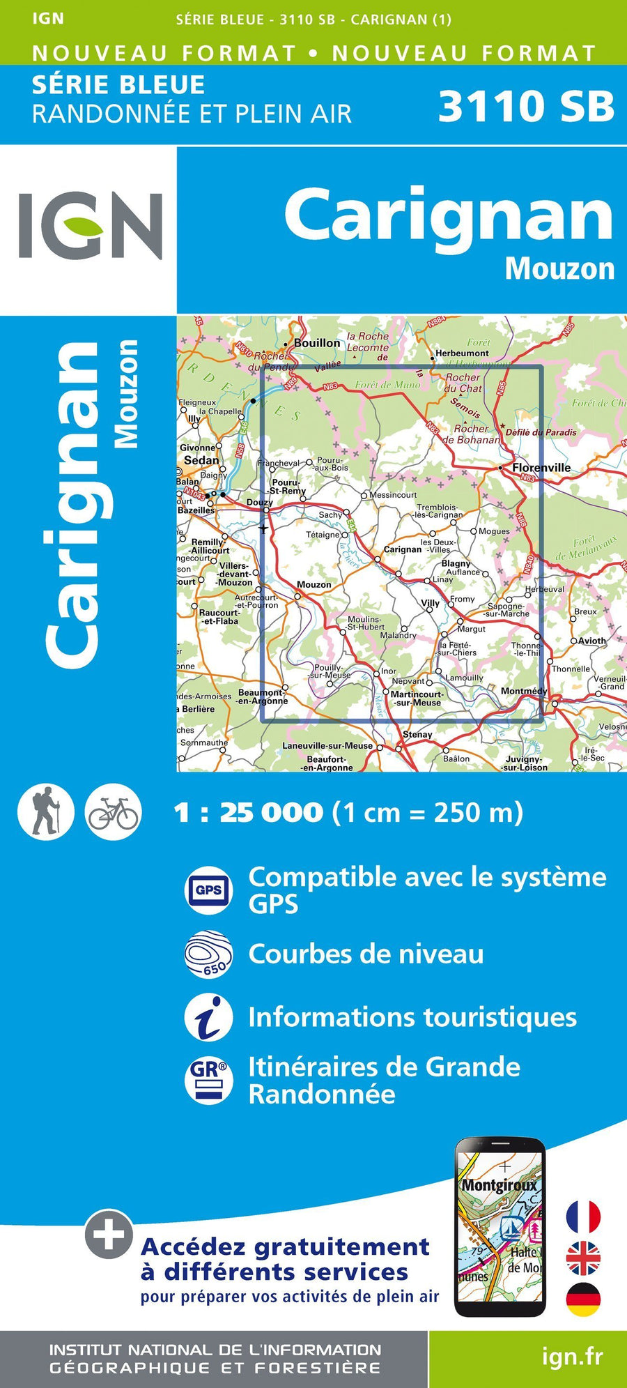 Carte de randonnée n° 3110 - Carignan, Mouzon | IGN - Série Bleue carte pliée IGN 