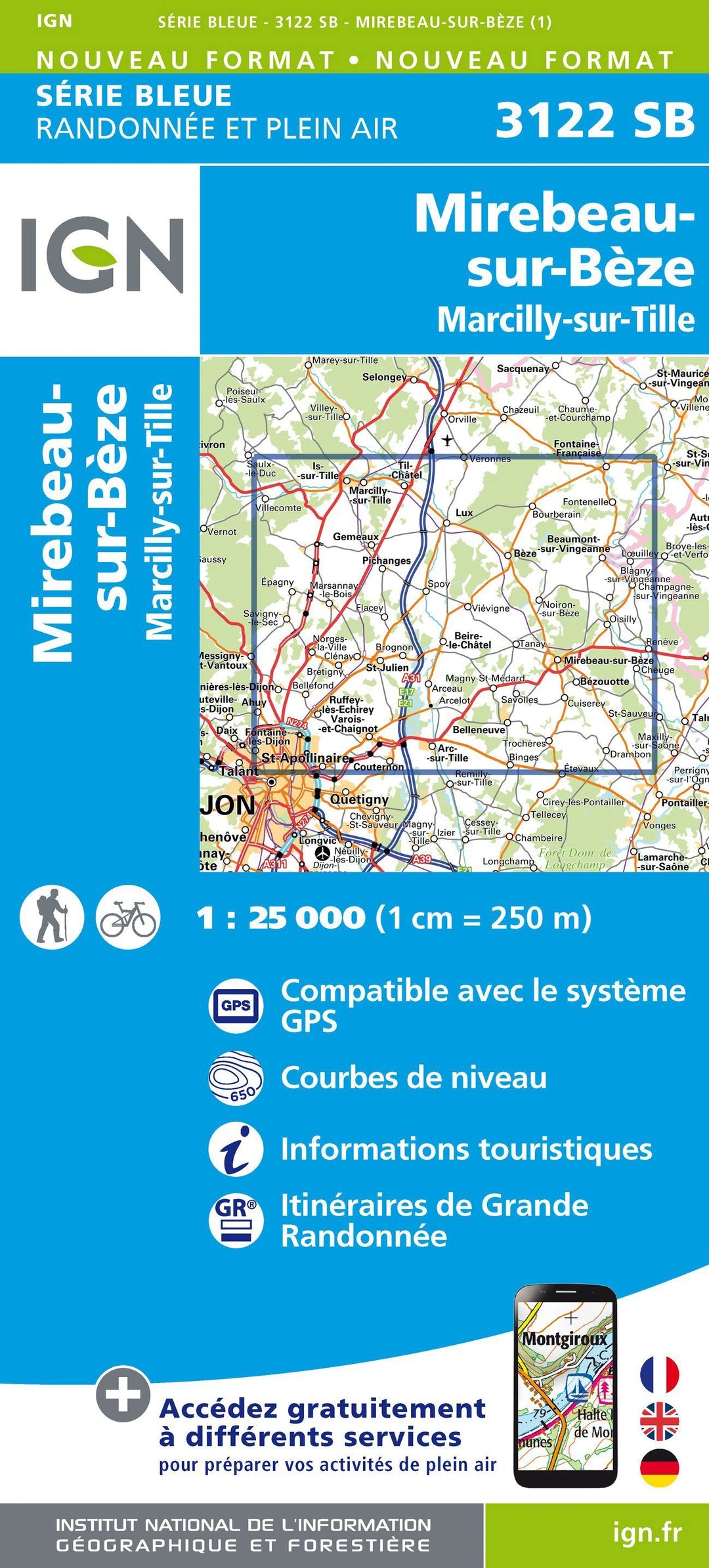Carte de randonnée n° 3122 - Mirebeau-sur-Bèze, Marcilly-sur-Tille | IGN - Série Bleue carte pliée IGN 