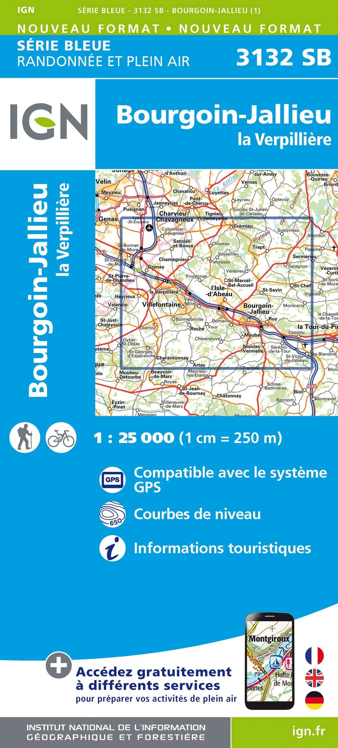 Carte de randonnée n° 3132 - Bourgoin-Jallieu, La Verpillère | IGN - Série Bleue carte pliée IGN 