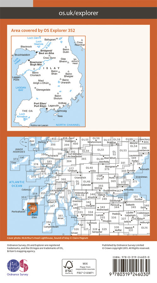 Carte de randonnée n° 352 - Islay South (Grande Bretagne) | Ordnance Survey - Explorer carte pliée Ordnance Survey Papier 