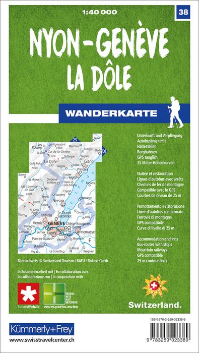 Carte de randonnée n° 38 - Nyon, Genève, La Dôle (Suisse) | Kümmerly & Frey-1/40 000 carte pliée Kümmerly & Frey 