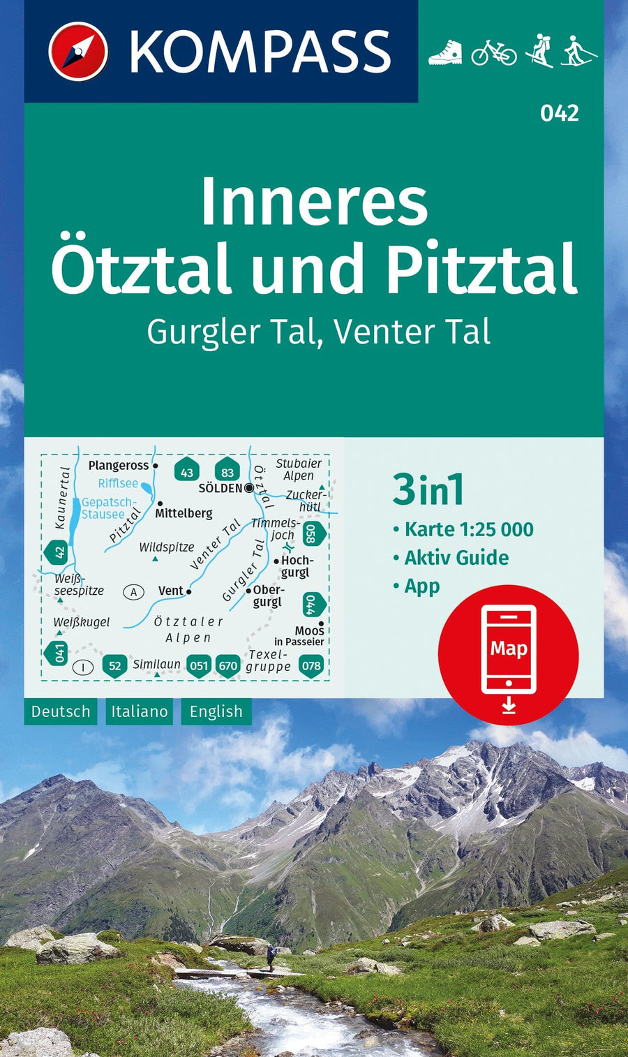 Carte de randonnée n° 42 - Otztal Inneres, Pitztal + Aktiv Guide (Tyrol, Autriche) | Kompass carte pliée Kompass 