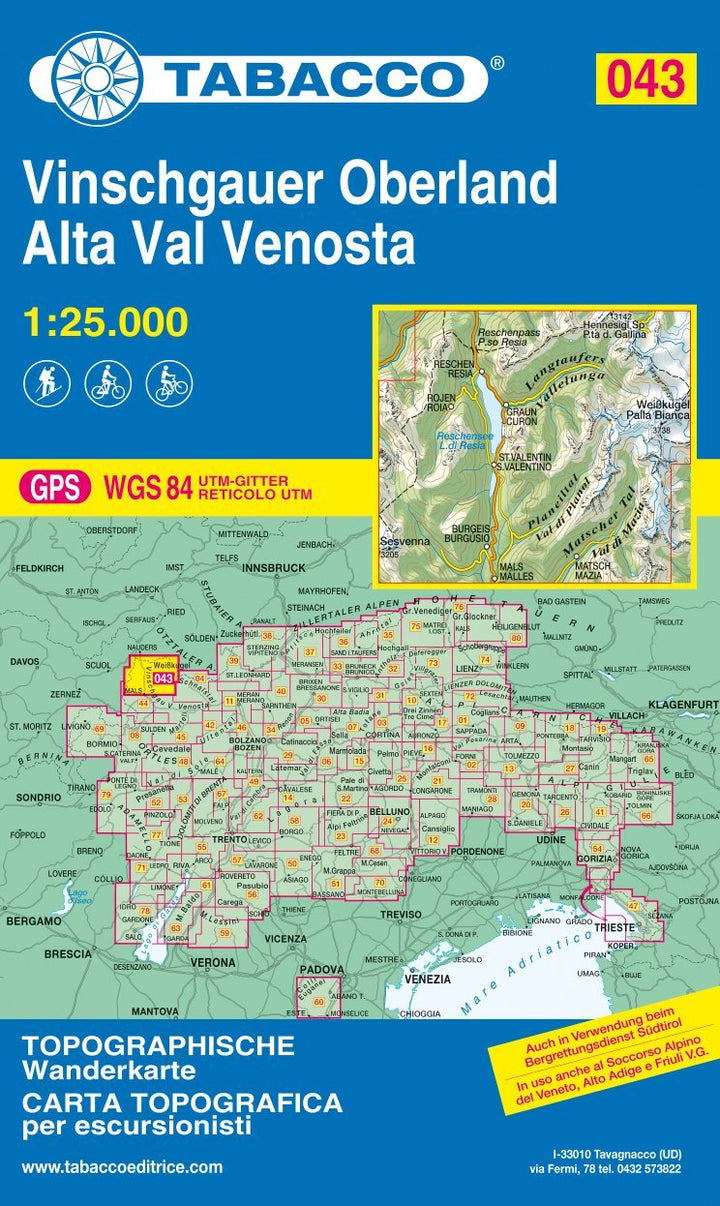Carte de randonnée n° 43 - Haute Vallée du Val Vénosta (Italie) | Tabacco carte pliée Tabacco 