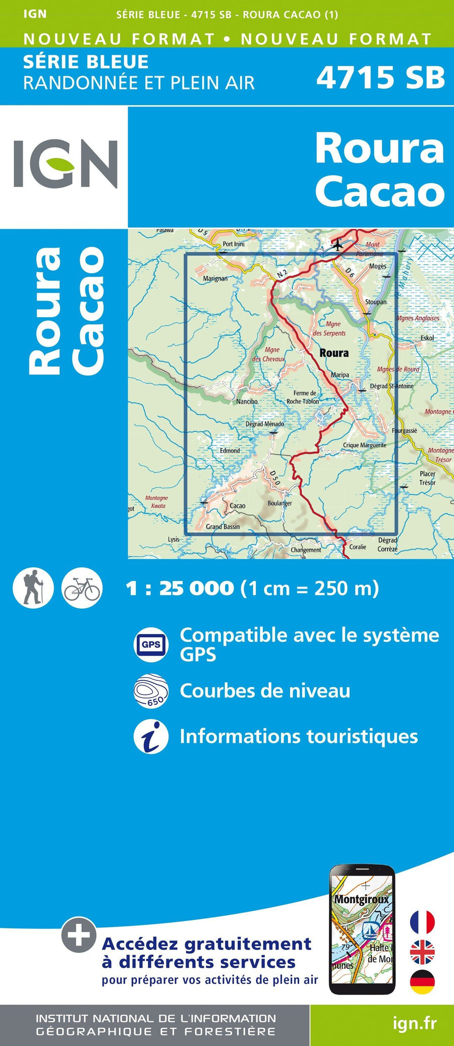 Carte de randonnée n° 4715 - Roura, Cacao (Guyane) | IGN - Série Bleue carte pliée IGN 