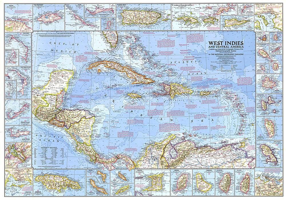 1970 West Indies and Central America Map Wall Map 