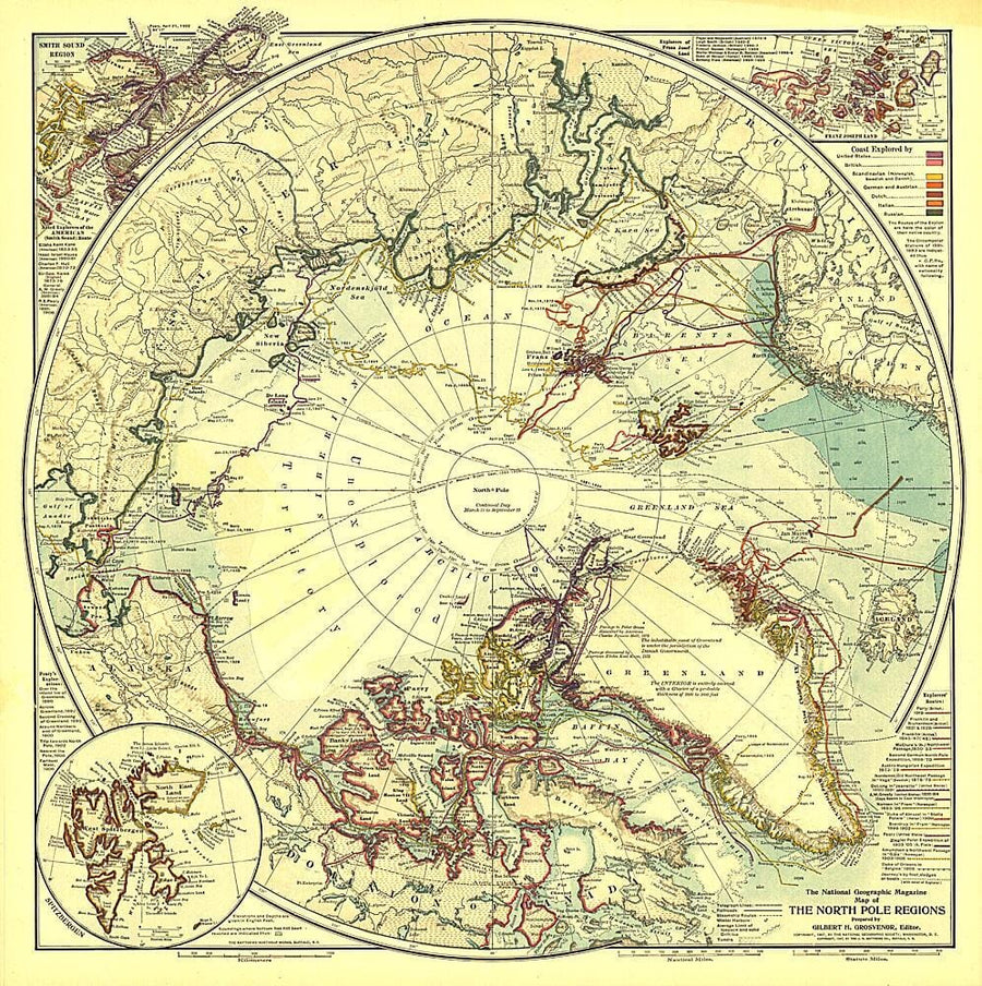 1907 North Pole Regions Map Wall Map 