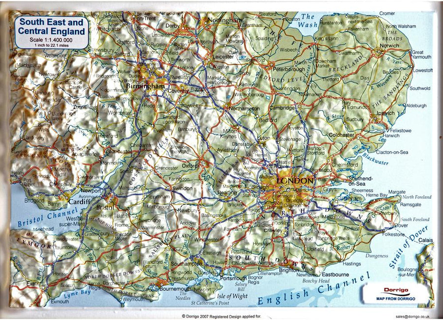 Carte en relief - Angleterre du Sud-Est - Format A4 | Dorrigo carte relief petit format Dorrigo 