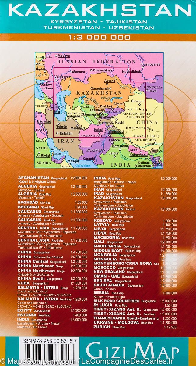 Carte géographique - Kazakhstan, Kyrgyzstan, Tajikistan, Turkmenistan & Ouzbekistan | Gizi Map carte pliée Gizi Map 