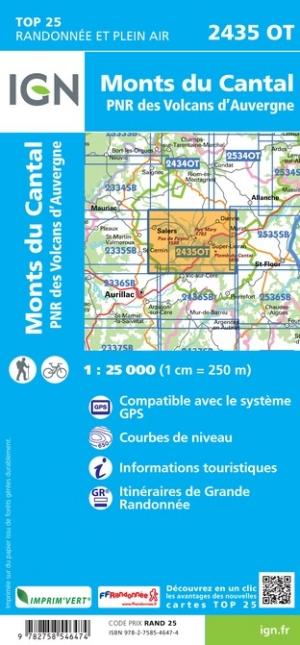 Carte IGN TOP 25 n° 2435 OT - Monts du Cantal, PNR des volcans d'Auvergne (Massif Central) carte pliée IGN 