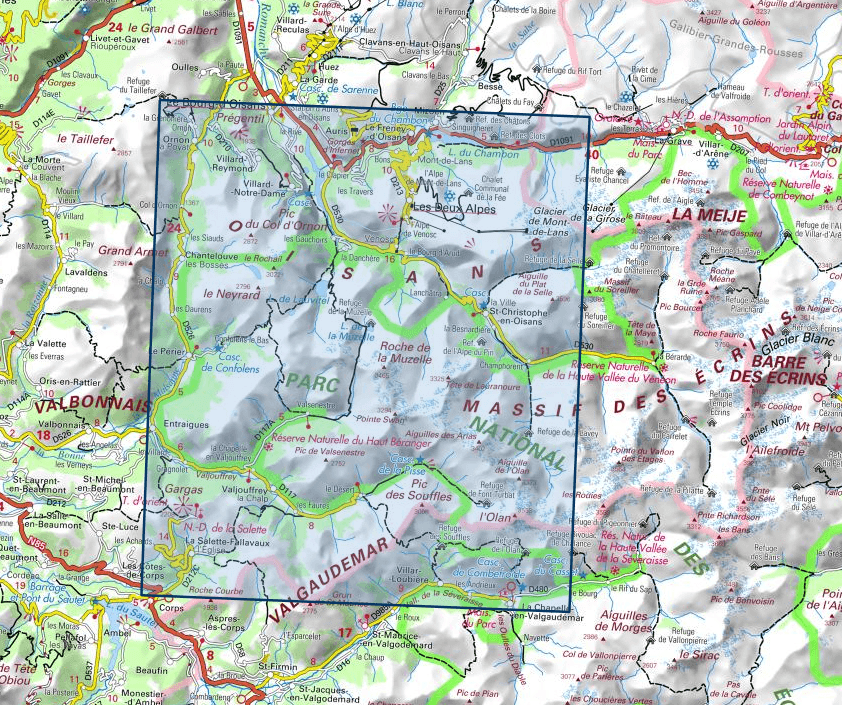Carte IGN TOP 25 n° 3336 ET - Les Deux Alpes, Olan & Muzelle (PNR des Ecrins, Alpes) | IGN carte pliée IGN 