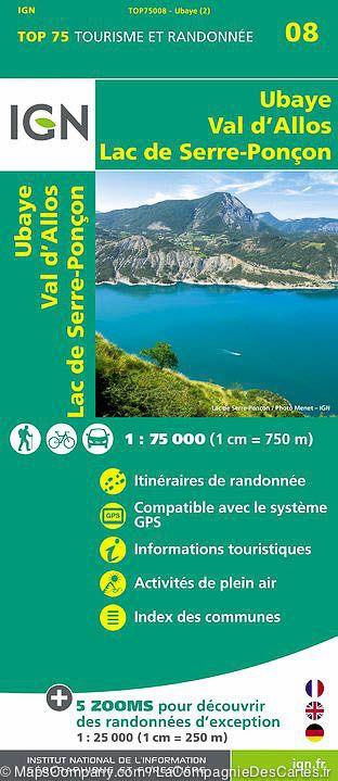 Carte IGN TOP 75 n° 8 - Ubaye, Val d'Allos & lac de Serre-Ponçon (Alpes) carte pliée IGN 