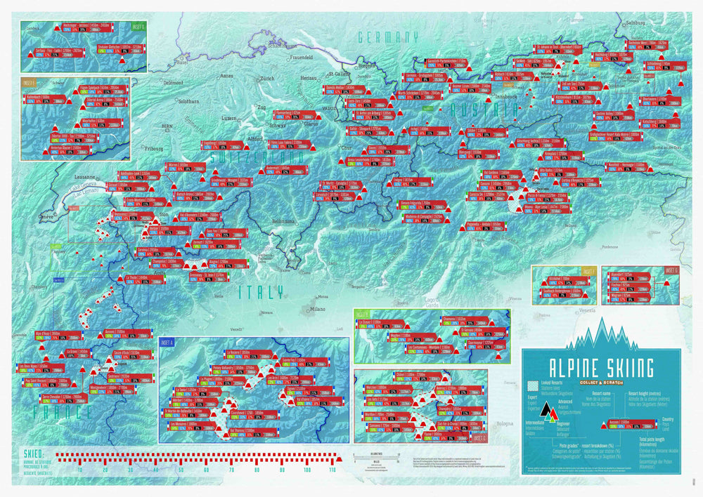 Carte murale à gratter (en anglais) - Les stations de ski des Alpes | Maps International carte murale petit tube Maps International 