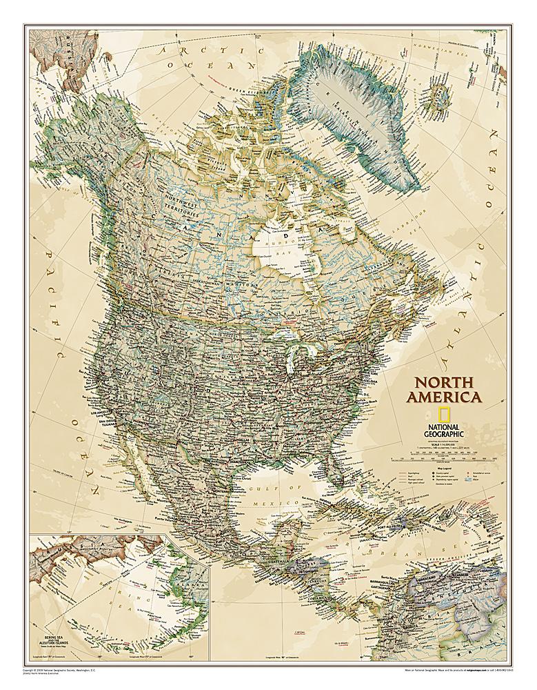 Carte murale (en anglais) - Amérique du Nord politique, style antique | National Geographic carte murale petit tube National Geographic Plastifiée 