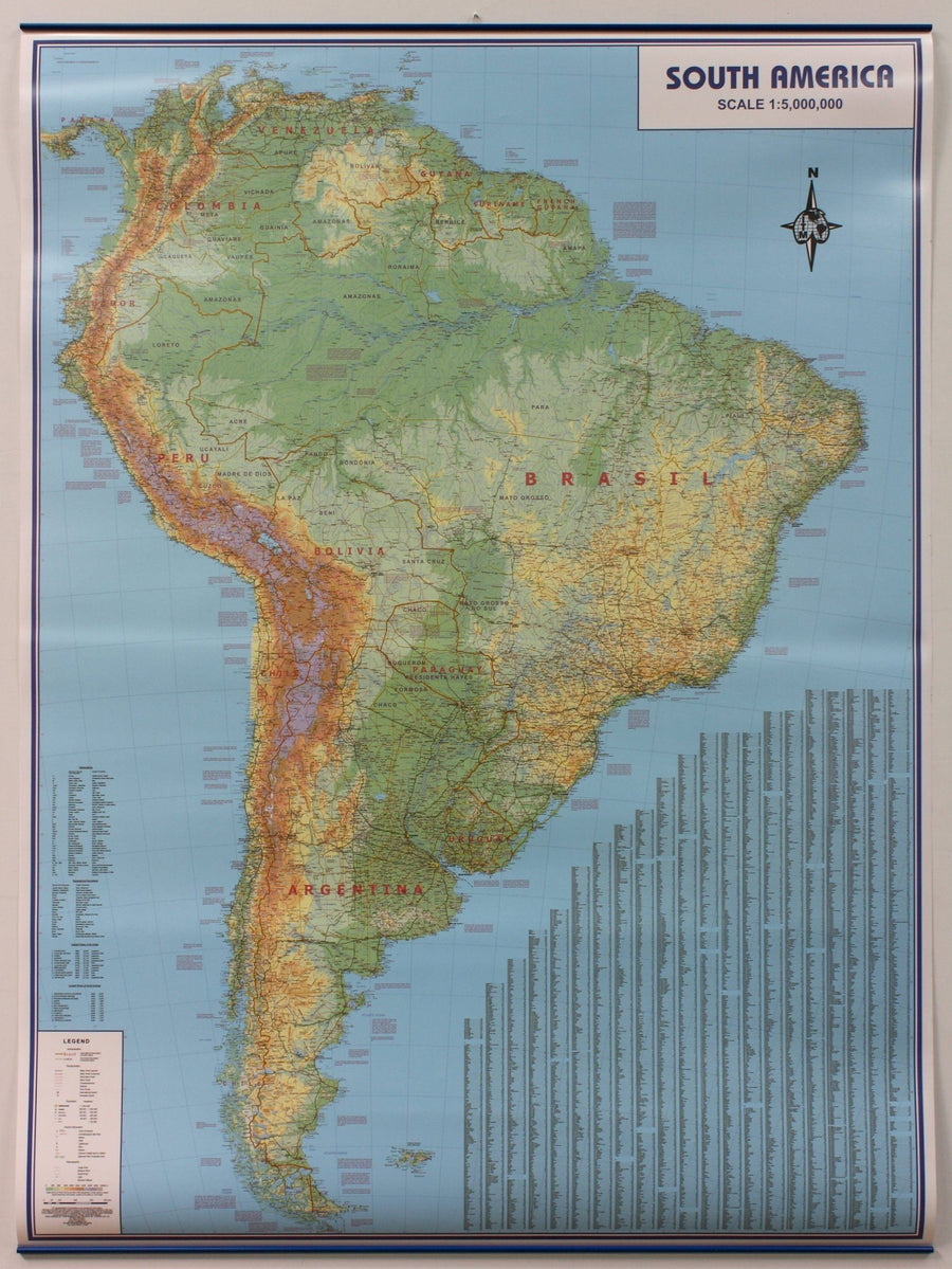 Carte murale (en anglais) - Amérique du Sud physique, avec lattes de maintien | ITM carte murale petit tube Maps International 
