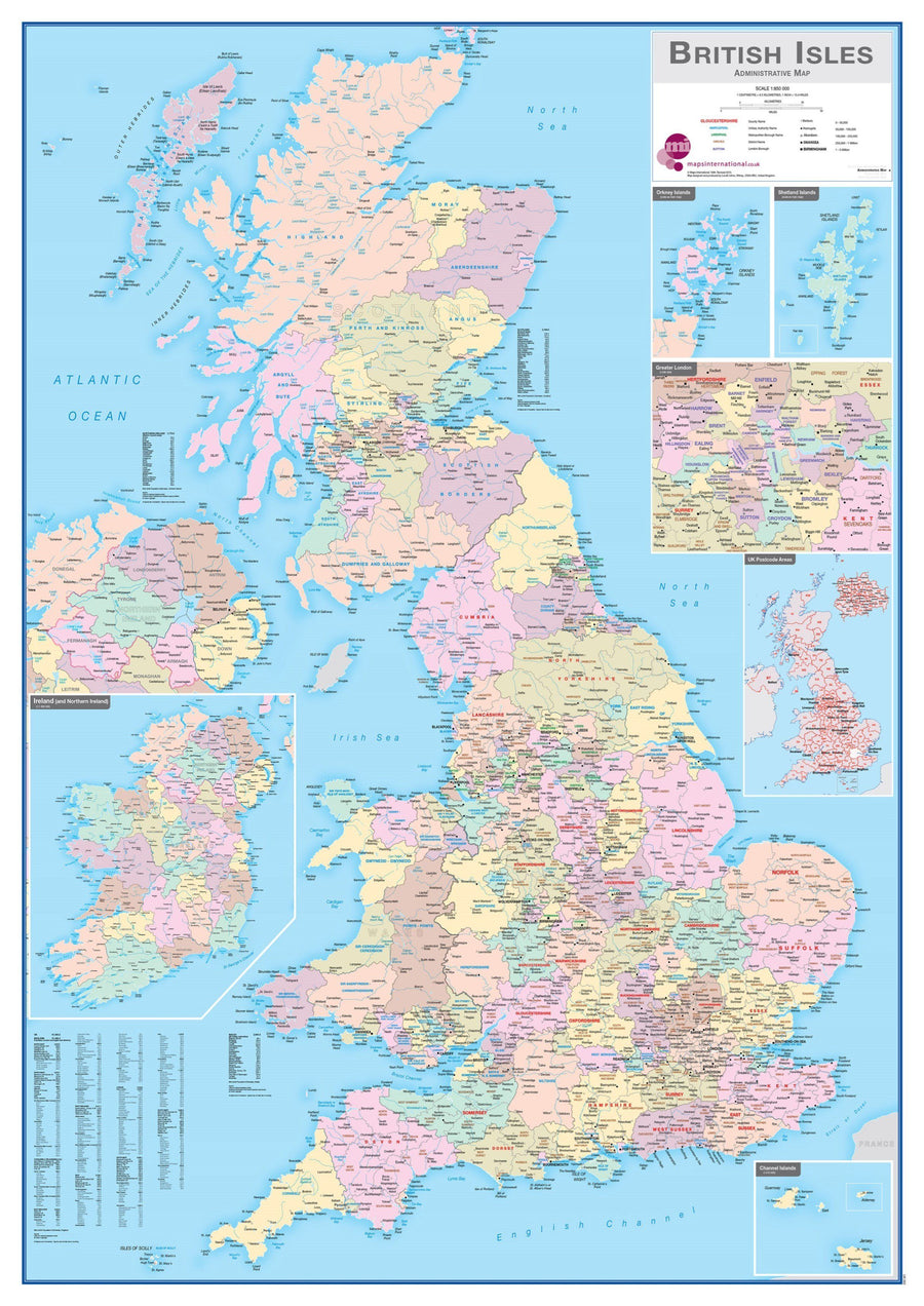 Carte murale (en anglais) - Grande Bretagne & Irlande (administrative) - 84 x 119 cm | Maps International carte murale petit tube Maps International 