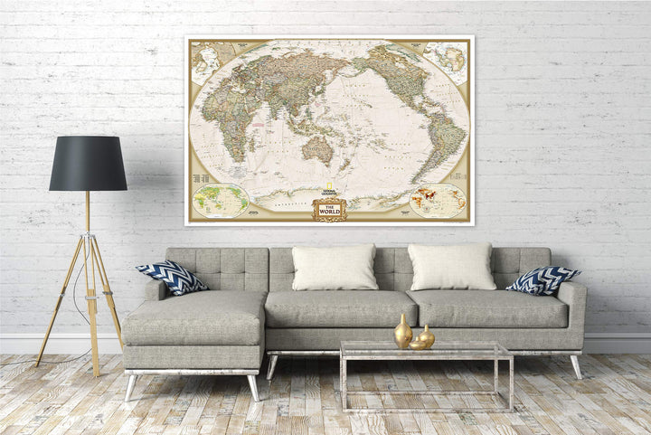 Carte murale (en anglais) - Monde politique centré sur le Pacifique, style antique - 185 x 122 cm (grand format) | National Geographic carte murale grand tube National Geographic 
