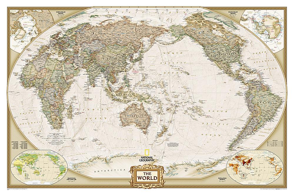 Carte murale (en anglais) - Monde politique centré sur le Pacifique, style antique, format standard | National Geographic carte murale petit tube National Geographic Papier 