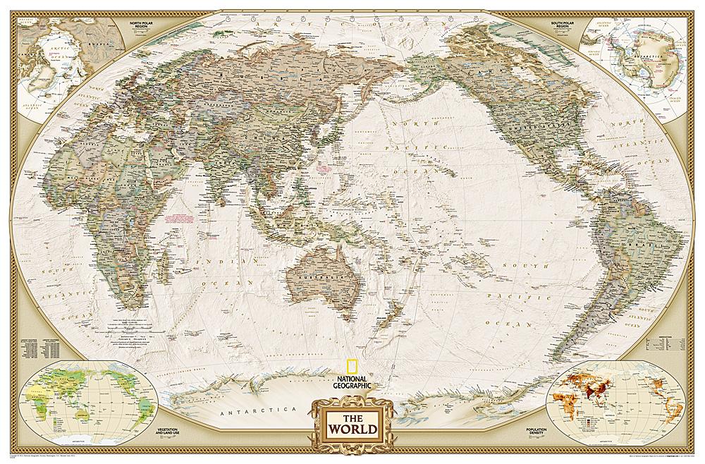 Carte murale (en anglais) - Monde politique centré sur le Pacifique, style antique, grand format | National Geographic carte murale grand tube National Geographic Papier 