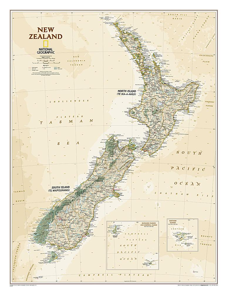 Carte murale (en anglais) - Nouvelle Zélande, style antique | National Geographic carte murale petit tube National Geographic Papier 