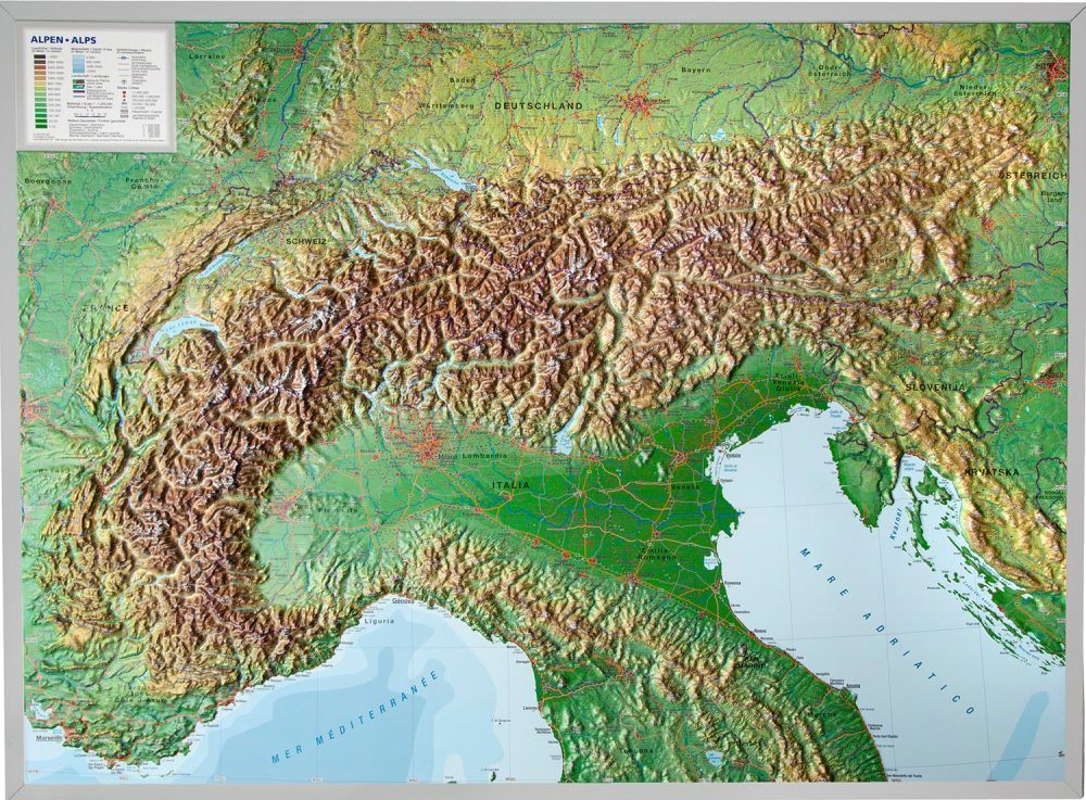 Carte murale en relief - Les Alpes (en anglais) - 77 x 57 cm | Georelief carte relief Georelief Avec cadre alu 