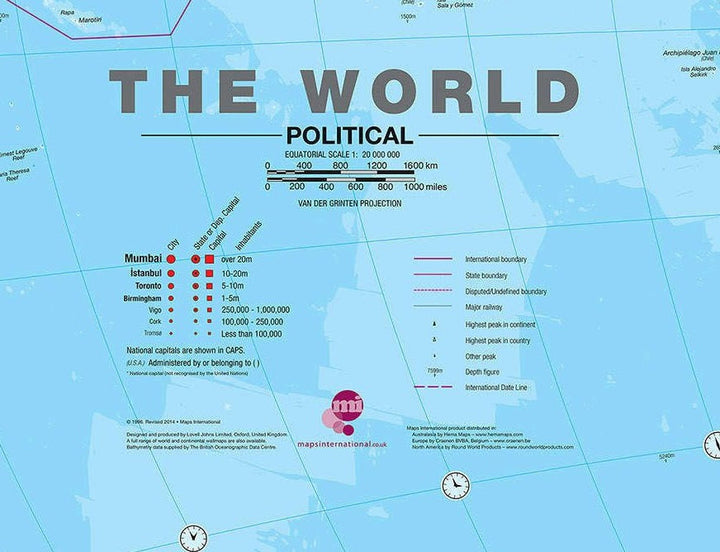 Carte murale géante plastifiée (en anglais) - Monde politique - 197 x 117 cm, avec lattes de maintien en bois | Maps International carte murale grand tube Maps International 