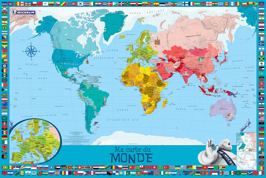 Carte murale plastifiée - Monde pour enfants | Michelin carte murale grand tube Michelin 