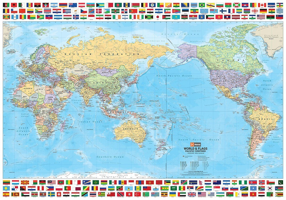 Carte murale pliée - Monde politique avec drapeaux centré sur le Pacifique (anglais) | Hema Maps carte pliée Hema Maps 