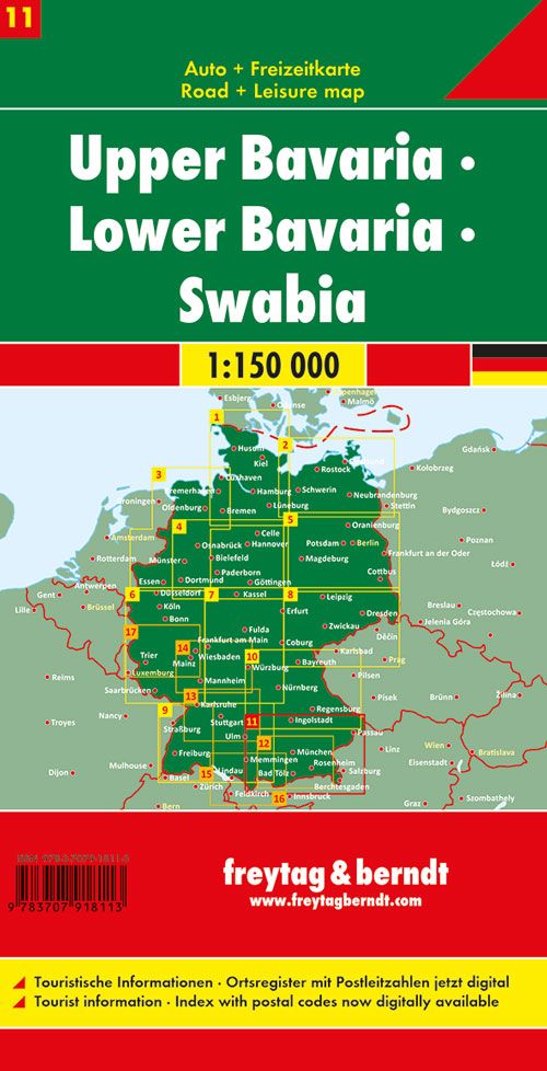 Carte routière - Haute-Bavière, Basse-Bavière, Schwabe (Allemagne), n° 11 | Freytag & Berndt - 1/150 000 carte pliée Freytag & Berndt 